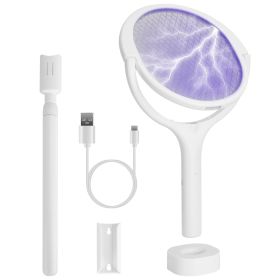 3 In 1 Electric Bug Zapper Racket 90Degree Rotating Bug Zapper Wand Indoor Outdoor Handheld Mosquito Swatter With Telescopic Extension Wand (Color: White)