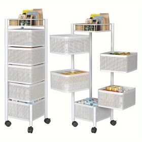 Rotating Kitchen Storage Shelf 5 Tier, Metal Fruit Vegetable Storage Basket Multi-Layer Vegetable Rack Storage Trolley on Wheels (Color: White, size: 5th foor)