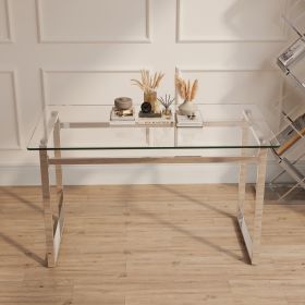 51" Modern Minimalist Rectangular Glass Dining Table for 4-6 with 0.31" Tempered Glass Tabletop and Black Chrome Metal Legs, Writing Table Desk (Color: silvery)